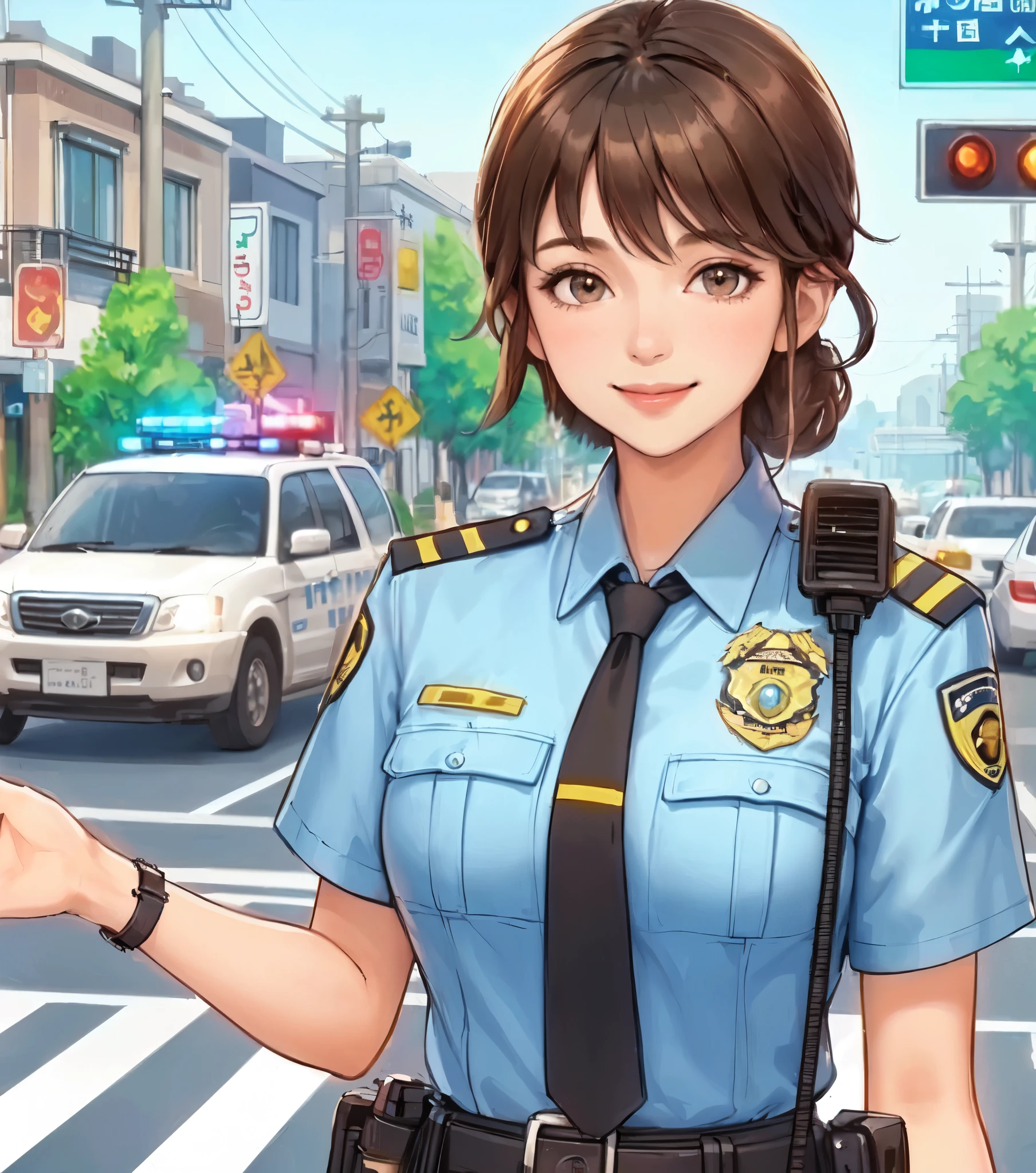 1lady standing, (directing traffic), (female police) (traffic officer), mature female, /(brown hair/) bangs, kind smile, (masterpiece best quality:1.2) delicate illustration ultra-detailed, large breasts, communication device BREAK (ordinary public road) outdoors, noon, police car, car, detailed background