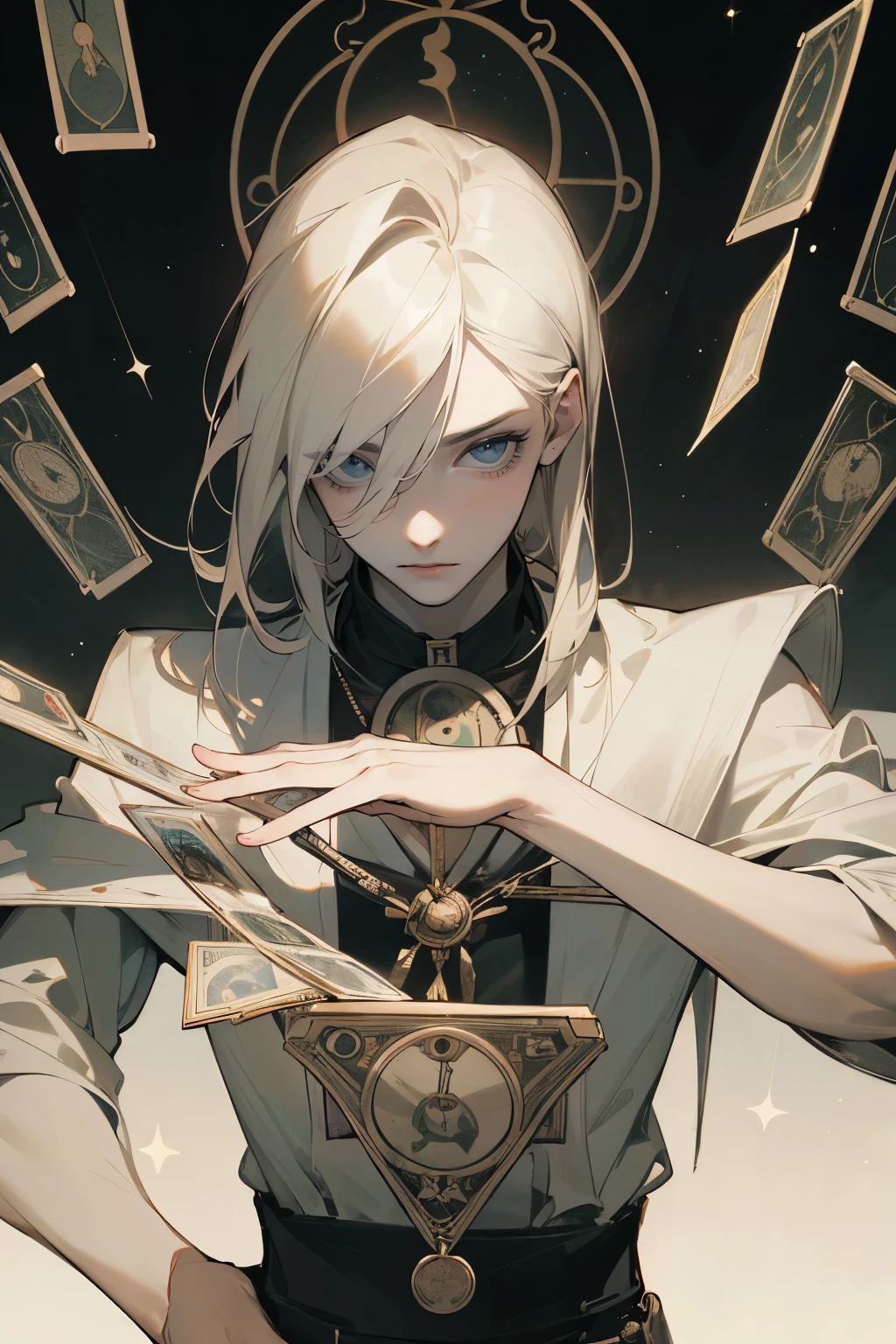 masterpiece, Best quality, realistic, 1 person, (elegant look:1.3)Beautiful, high, detailed, keen eyes, pale skin, stars in his eyes, bold, Stubborn, complacent, egoist, ((tarot reader's dark room, tarot cards, he tells fortunes with cards, magical atmosphere)), Clutter in the room, a lot of details, ((masculine:1.2)), strong, slight smile, detailed lighting, (Sakimical Frank Franchetta, Heise Jinyao), portrait, absurdity