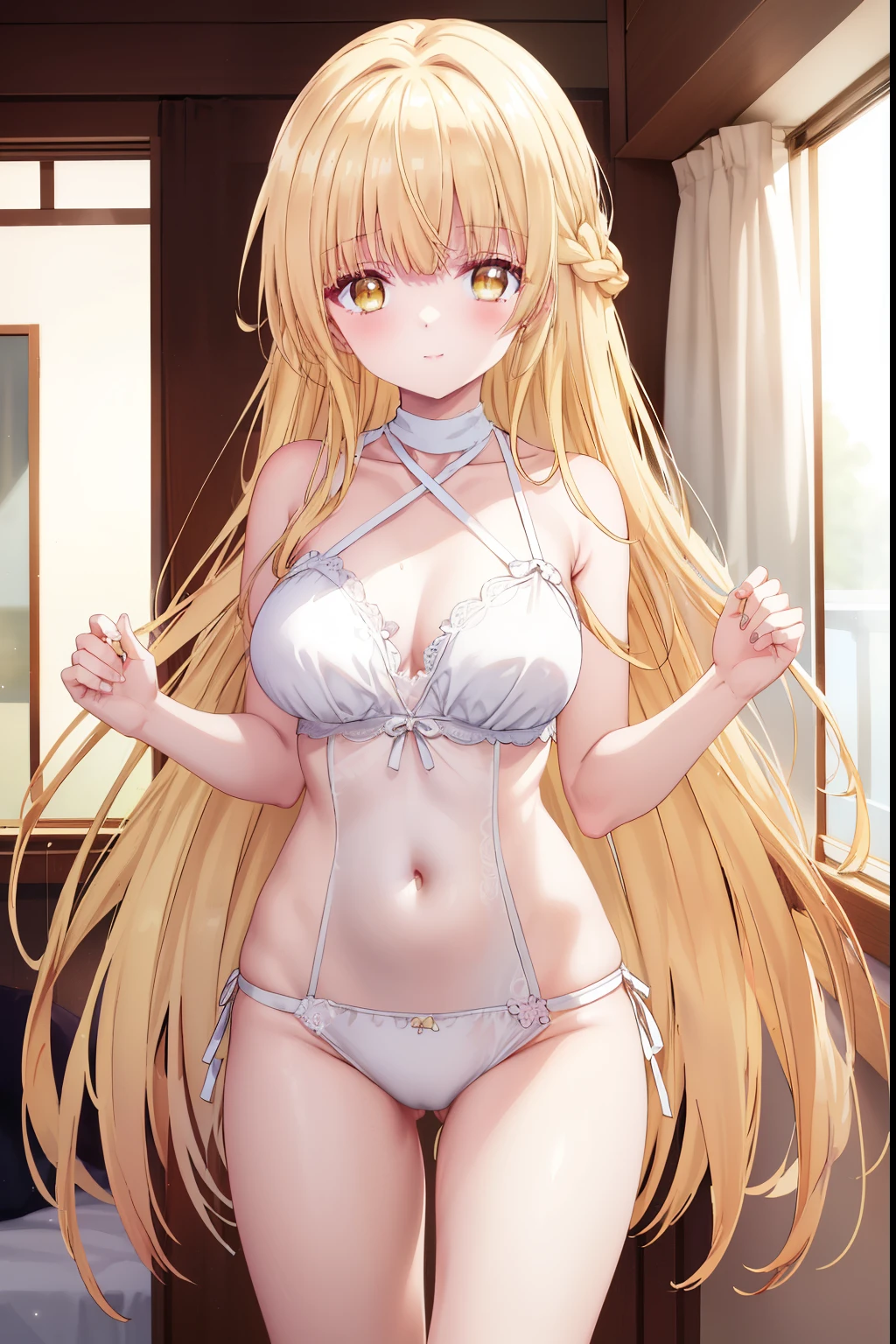 Mahiru shiina, , blonde, (Yellow Eyes:1.3)、Braided long hair,,blush,smile,Daytime、Captivating thighs、Beautiful bare legs, Sidehowing armpits、Shoulder Bare、The clavicle is visible、Armpit Show、Sideboobが見える、Shoulder Bare、Sexy Lingerie、Yellow Lingerie
（masterpiece:1.2), highest quality, High resolution, unity 8k wallpaper, (shape:0.8), (Beautiful and beautiful eyes:1.6), Highly detailed face, Perfect lighting, Highly detailed CG, (Perfect hands, Perfect Anatomy),