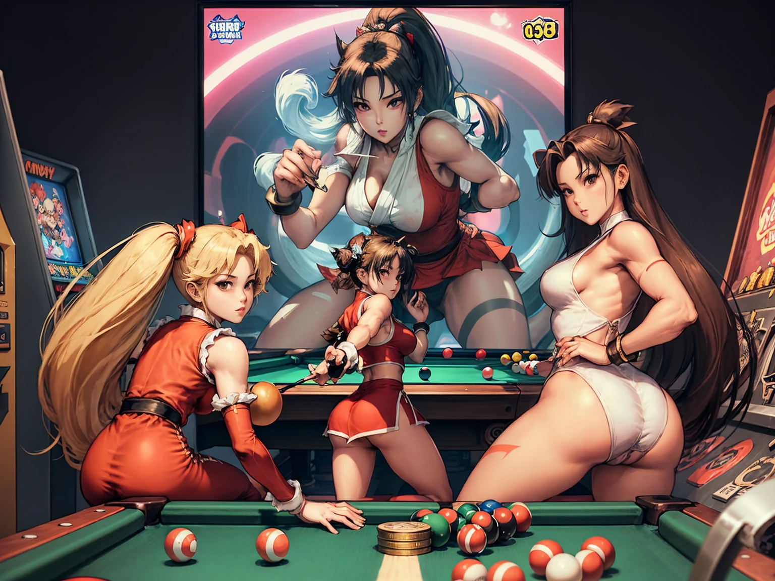 Capcom SNK Style, view of 3game characters playing arcade games with coins. there is 1girl princess peach; 1boy Sonic; 1girl Mai Shiranui. (characters wearing their respectiv outfits, characters in their respectiv shapes), backround, 2pinball; 4arcade game; 1pool table; 1game of darts, in a big games room.