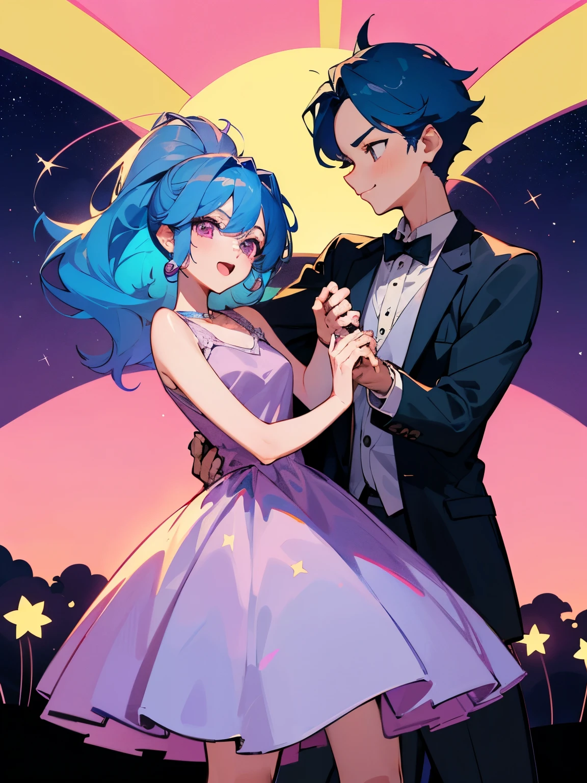 cartoon of a boy and a girl standing close together, ddlc, in the art style of 8 0 s anime, 9 0 s anime style, 90s anime style, in anime style, in an anime style, anime aesthetic, anime vibes, 9 0 s anime aesthetic, 9 0 s anime art style, lofi boy and girl, beautiful background outside, background at night with stars and a moon, fairy lights, beautiful background in a floral garden with fairy lights at night, a cute boy and a cute girl, beautiful faces, a boy and a girl, don't extra hands, NO extra hands, generate a boy and a girl with NO extra hands, NO extra arm, the boy has a short hairstyle and the girl has a long hairstyle, the boy has blue hair, the girl has pink hair, pretty faces, cute pretty boy in a smoking dress, cute pretty girl in a beautiful dress, with amazing smile, boy has a pretty smile, girl has a cute smile