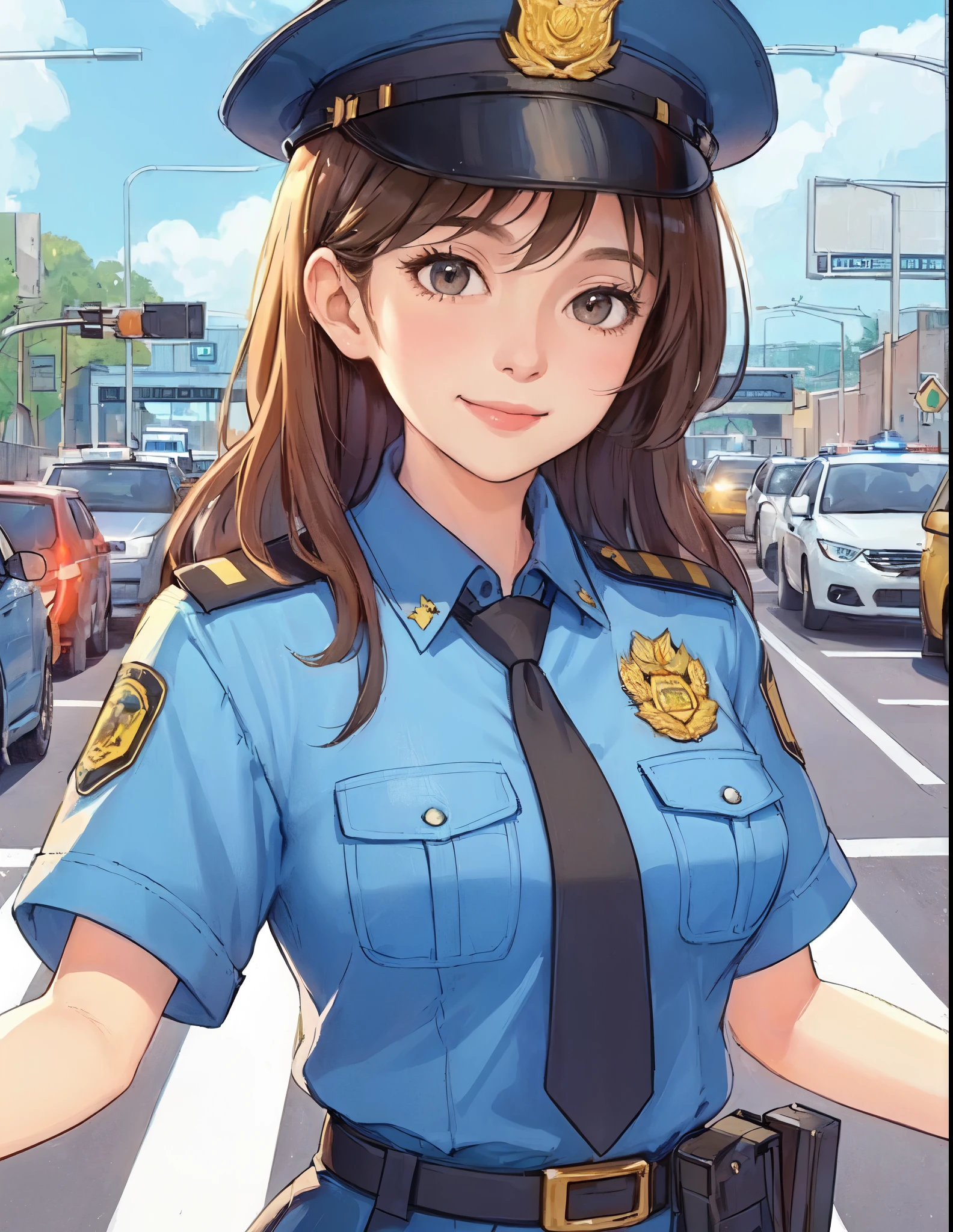 1lady standing, (directing traffic), (female police) (traffic officer), mature female, /(light brown hair/) bangs, kind smile, (masterpiece best quality:1.2) delicate illustration ultra-detailed, large breasts BREAK (ordinary public road) outdoors, noon, police car, car, detailed background