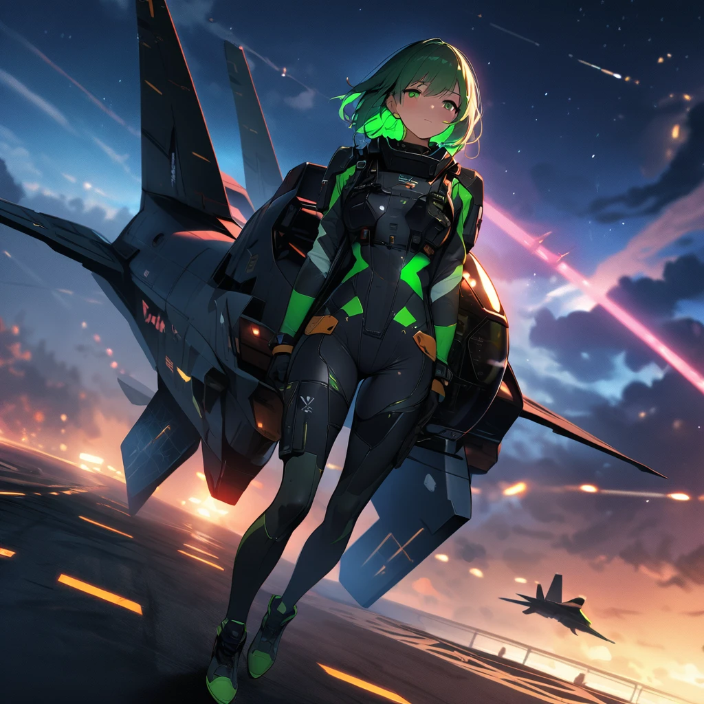High quality, high definition images, full HD、8k.1 girl 、white short hair,Futuristic fighter pilot,black and green hair pilot suit,Hold your helmet under your arm, Futuristic fighter plane, night airfield,full body,in the background、x2fighter jet