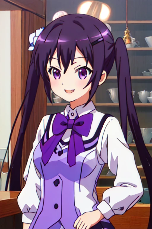 ((((Super Illustration Style:1.0)))),highest quality,Best Anime,masterpiece,,Ray Tracing, Global Illumination,One girl, alone,Upper Body, View your viewers,Cafe, Twin tails,Open your mouth,Rabbit hutch uniform, collared shirt, shirt, white shirt, purple Best, purple bow, bow, Best, hair ornaments, Hair Clip, Long sleeve, purple bowtie, bowtie, Wing Color, button, (((Cute Smile))),Large Breasts,Close-up,Cowboy Shot