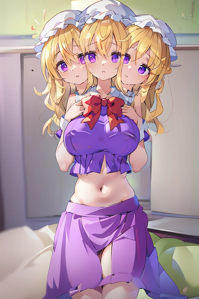 (masterpiece, best quality),best quality, (ultra-detailed), (3heads:1.5), 1girl, (maribel hearn:1.3), masterpiece, best quality, ultra quality, ultra resolution, ultra detail, purple top, crop top, ((stomach)), midriff, ((groin)), purple skirt, frilled skirt, miniskirt, normal ears, shackles, blonde hair, very long hair, wavy hair, sidelocks, purple eyes, parted lips, single horn, sweat, cute, toned belly, hand on own chest, eyelashes, (24 year old woman:1.3), (masterpiece:1.5), (best quality:1.5), (beautiful detailed extremely detailed CG, extremely delicate and beautiful, depth of field, (finely detailed face), (perfect details:1.3), (mature female:1.3), wide pelvis, slender, large veiny breast, 16k resolution, highres, high quality, high definition, extremely detailed, masterpiece, best quality, blonde hair, long hair, alluring presence, twin braid, short skirt, close up, big tits, young, mob cap, white headwear, red bow on hat, skirt hold, hair between the eyes, nsfw, open belly, midriff, cowboy shot, looking at viewer,