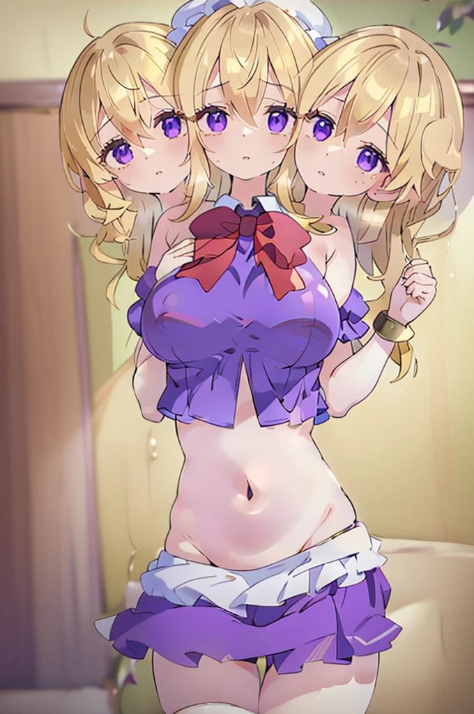 (masterpiece, best quality),best quality, (ultra-detailed), (3heads:1.5), 1girl, (maribel hearn:1.3), masterpiece, best quality, ultra quality, ultra resolution, ultra detail, purple top, crop top, ((stomach)), midriff, ((groin)), purple skirt, frilled skirt, miniskirt, normal ears, shackles, blonde hair, very long hair, wavy hair, sidelocks, purple eyes, parted lips, single horn, sweat, cute, toned belly, hand on own chest, eyelashes, (24 year old woman:1.3), (masterpiece:1.5), (best quality:1.5), (beautiful detailed extremely detailed CG, extremely delicate and beautiful, depth of field, (finely detailed face), (perfect details:1.3), (mature female:1.3), wide pelvis, slender, large veiny breast, 16k resolution, highres, high quality, high definition, extremely detailed, masterpiece, best quality, blonde hair, long hair, alluring presence, twin braid, short skirt, close up, big tits, young, mob cap, white headwear, red bow on hat, skirt hold, hair between the eyes, nsfw, open belly, midriff, cowboy shot, looking at viewer,