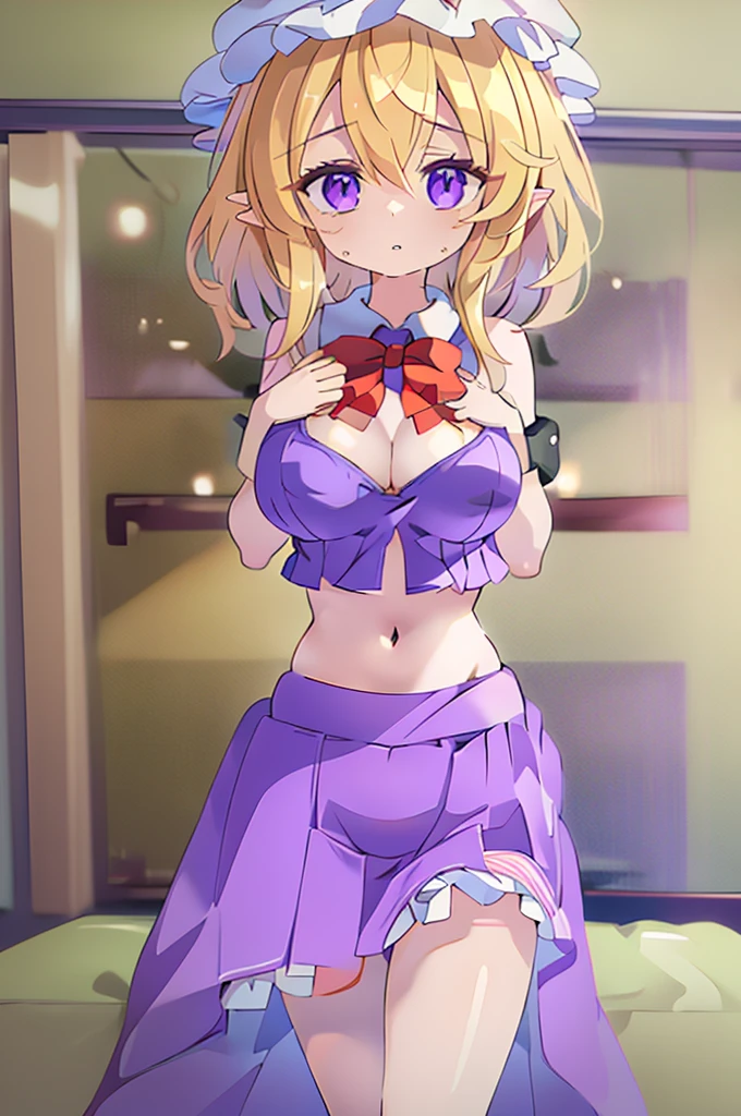 (masterpiece, best quality),best quality, (ultra-detailed), (3heads:1.5), 1girl, (maribel hearn:1.3), masterpiece, best quality, ultra quality, ultra resolution, ultra detail, purple top, crop top, ((stomach)), midriff, ((groin)), purple skirt, frilled skirt, miniskirt, normal ears, shackles, blonde hair, very long hair, wavy hair, sidelocks, purple eyes, parted lips, single horn, sweat, cute, toned belly, hand on own chest, eyelashes, (24 year old woman:1.3), (masterpiece:1.5), (best quality:1.5), (beautiful detailed extremely detailed CG, extremely delicate and beautiful, depth of field, (finely detailed face), (perfect details:1.3), (mature female:1.3), wide pelvis, slender, large veiny breast, 16k resolution, highres, high quality, high definition, extremely detailed, masterpiece, best quality, blonde hair, long hair, alluring presence, twin braid, short skirt, close up, big tits, young, mob cap, white headwear, red bow on hat, skirt hold, hair between the eyes, nsfw, open belly, midriff, cowboy shot, looking at viewer,