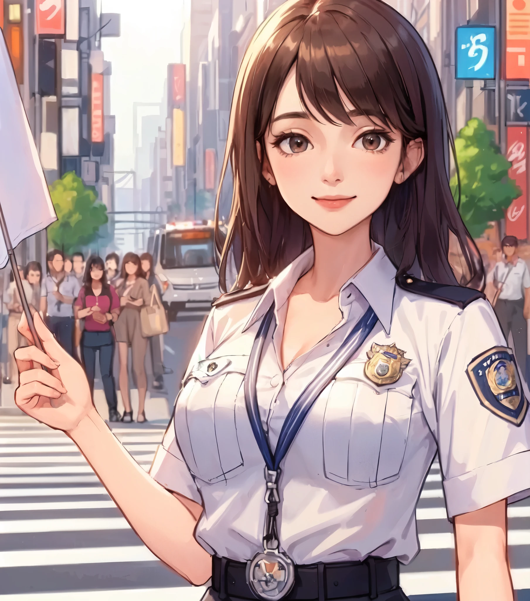 1lady standing, (directing traffic with flag), (female police) (traffic officer), mature female, /(dark brown hair/) bangs, kind smile, (masterpiece best quality:1.2) delicate illustration ultra-detailed, large breasts, (whistle hanging from neck) BREAK (ordinary public road) outdoors, noon, police car, car, detailed background
