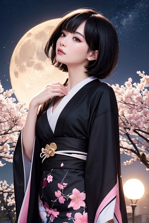 1lady,solo,black hair,short hair,kimono,look up at the moon,the fullmoon,night,fantasy,ephemeral,cherry blossom blizzard