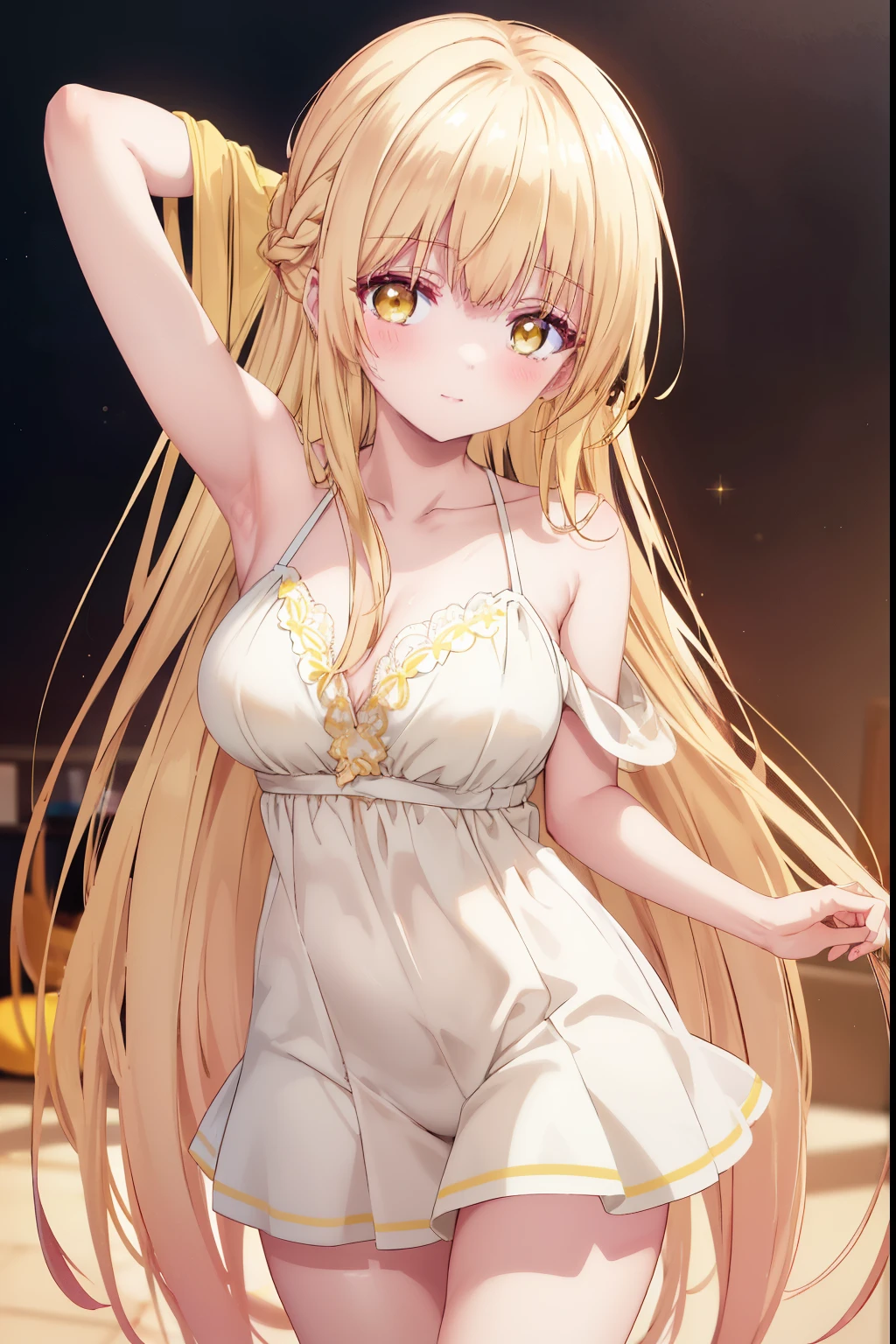 Mahiru shiina, , blonde, (Yellow Eyes:1.3)、Braided long hair,,blush,smile,Daytime、Captivating thighs、Beautiful bare legs, Sidehowing armpits、Shoulder Bare、The clavicle is visible、Armpit Show、Sideboobが見える、Shoulder Bare、Sexy yellow lingerie、
(masterpiece:1.2), highest quality, High resolution, unity 8k wallpaper, (shape:0.8), (Beautiful and beautiful eyes:1.6), Highly detailed face, Perfect lighting, Highly detailed CG, (Perfect hands, Perfect Anatomy),