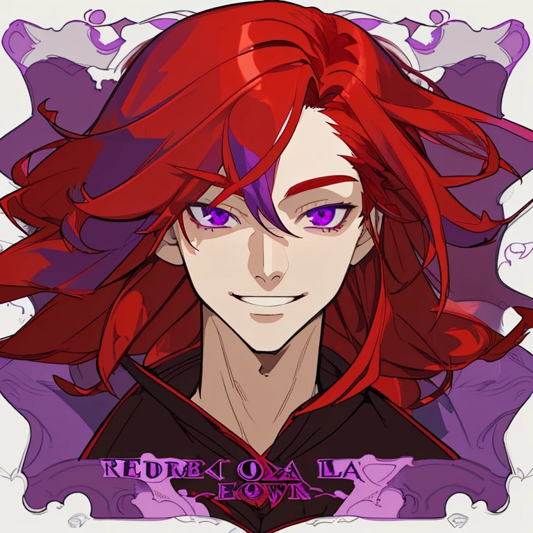 Red hair half eld man with purple eyes and long red hair,with handsome face and pretty smile
