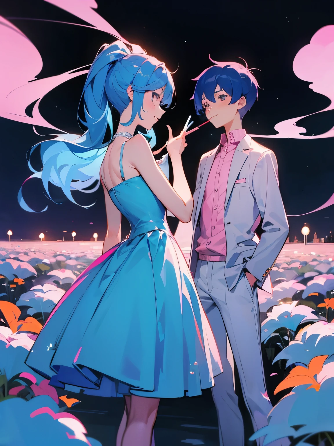 cartoon of a boy and a girl standing close together, ddlc, in the art style of 8 0 s anime, 9 0 s anime style, 90s anime style, in anime style, in an anime style, anime aesthetic, anime vibes, 9 0 s anime aesthetic, 9 0 s anime art style, lofi boy and girl, beautiful background outside, background at night with stars and a moon, fairy lights, beautiful background in a floral garden with fairy lights at night, a cute boy and a cute girl, beautiful faces, a boy and a girl, don't extra hands, NO extra hands, generate a boy and a girl with NO extra hands, NO extra arm, the boy has a short hairstyle and the girl has a long hairstyle, the boy has blue hair, the girl has pink hair, pretty faces, cute pretty boy in a smoking dress, cute pretty girl in a beautiful dress, with amazing smile, boy has a pretty smile, girl has a cute smile