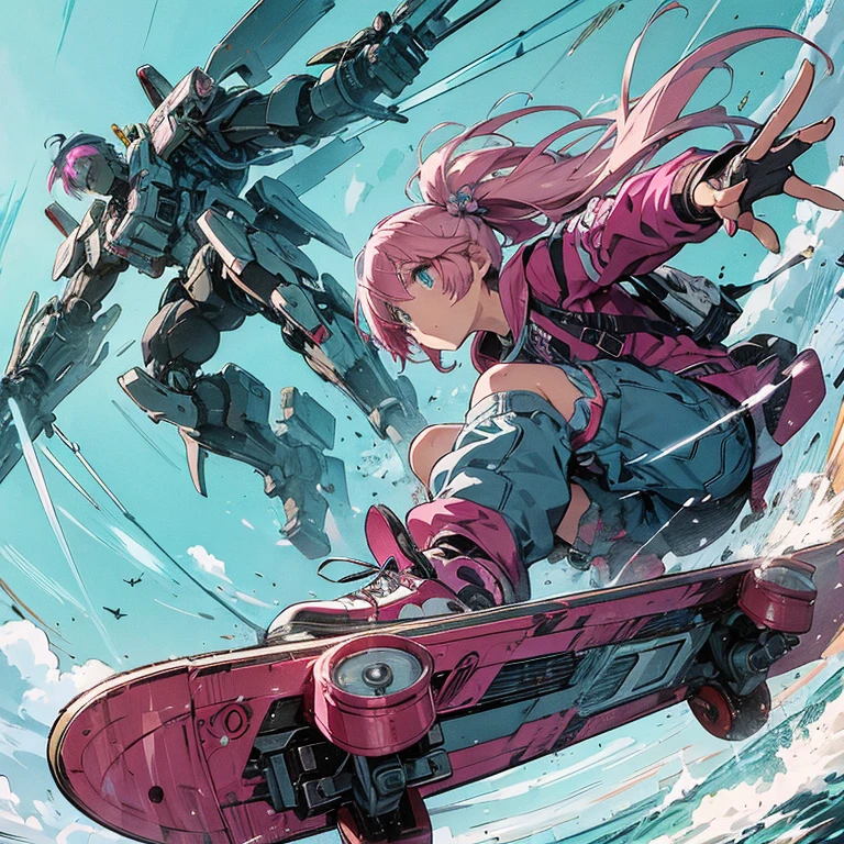 
Sci-Fi style anime illustration, rough and intense illustration of Pink-chan, a 20-year-old character, jumping high in the sky on a mecha skateboard. The background depicts a mecha air-surfing high in the sky and a dynamic jump to the sky with elements of breakdancing. The images are dynamic and dynamic from below, using thick, exaggerated lines and brush strokes to emphasize the accelerated speed and mecha-gimmick-packed action. Pink-chan has medium-length pink hair with blue highlights, light blue eyes, and a small mole next to her left eye. She has a slim figure of about 150 cm tall and wears a modern white hoodie and a blue butterfly hair ornament. The background is an urban skate park, painted with a rough hand-drawn aesthetic, which heightens the sense of wild energy and movement.