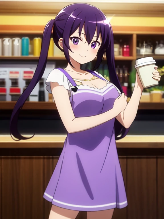 (masterpiece), Ultra high resolution anime illustrations, Perfect lighting, (Perfect and accurate anatomy:1.2), (Nice hands, Perfect hands), (cute:1.55), (Big, sparkling eyes:1.35), Detailed Background BREAK Tedesarize, Purple Hair, Long Hair, Twin tails, Purple eyes, bangs, hair ornaments, blush, Hair Clip, Hair between the eyes, Large Breasts, smile, whole body, Cowboy Shot, coffee shop