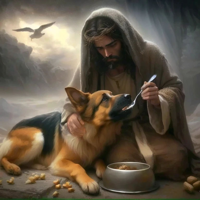 Jesus feeding a dog with a spoon and spoon in his mouth, perro como dios, he has a treasure with him, Beautiful image never created, mendicidad, Jesus holding a cute cat, arte realista, imagen emocional, sano, obra maestra muy hermosa, amazing art, amor incondicional, beautiful representation, by László Balogh, Jesus, incredible masterpiece