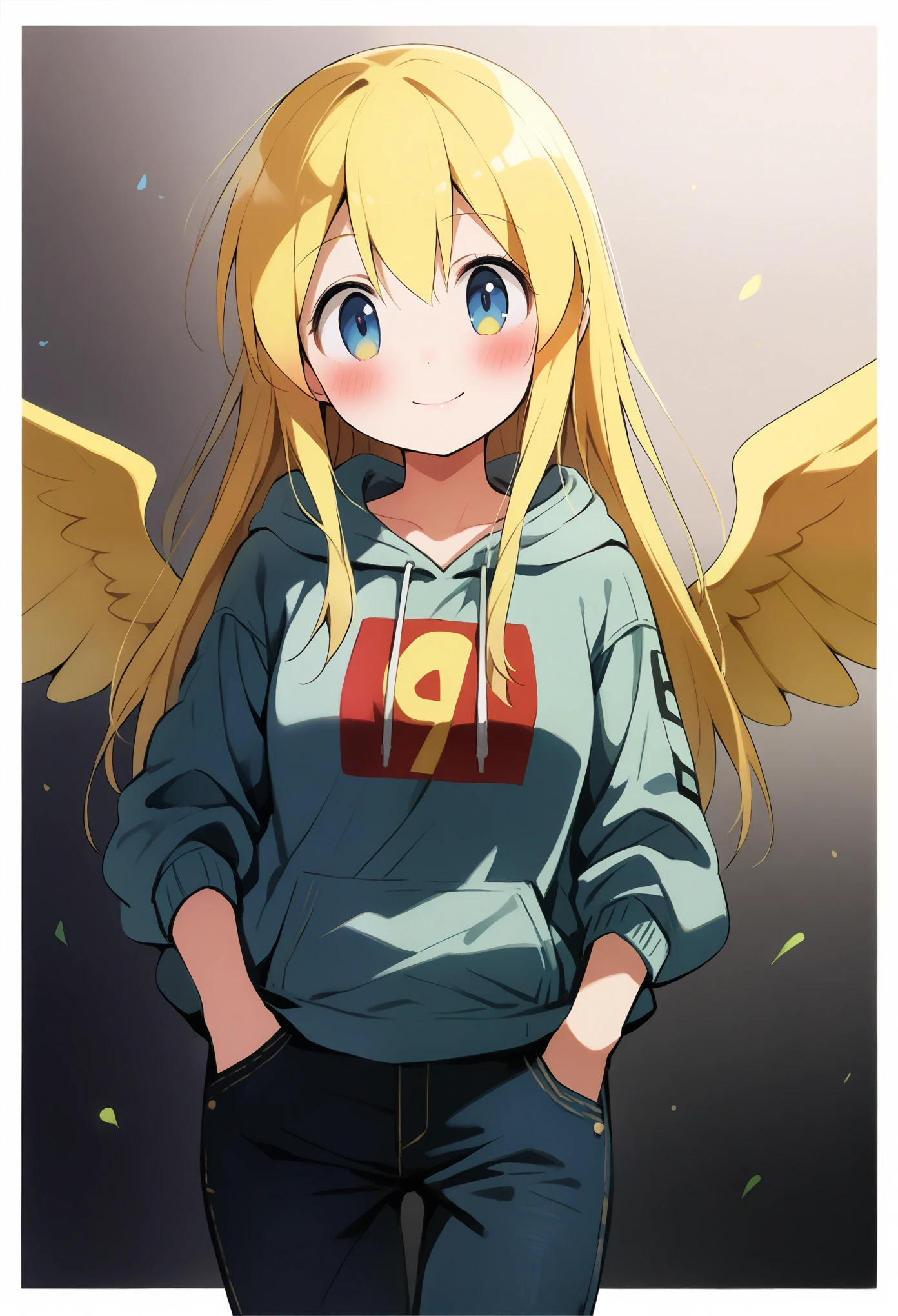 score_9, score_8_up, score_7_up BREAK fluttershy, pegasus, anthro, g4, blushing, border, fluttershy, clothes, denim, female, gradient background, hand in pocket, hoodie, jeans, lidded eyes, mare, pants, smiling, solo, nording