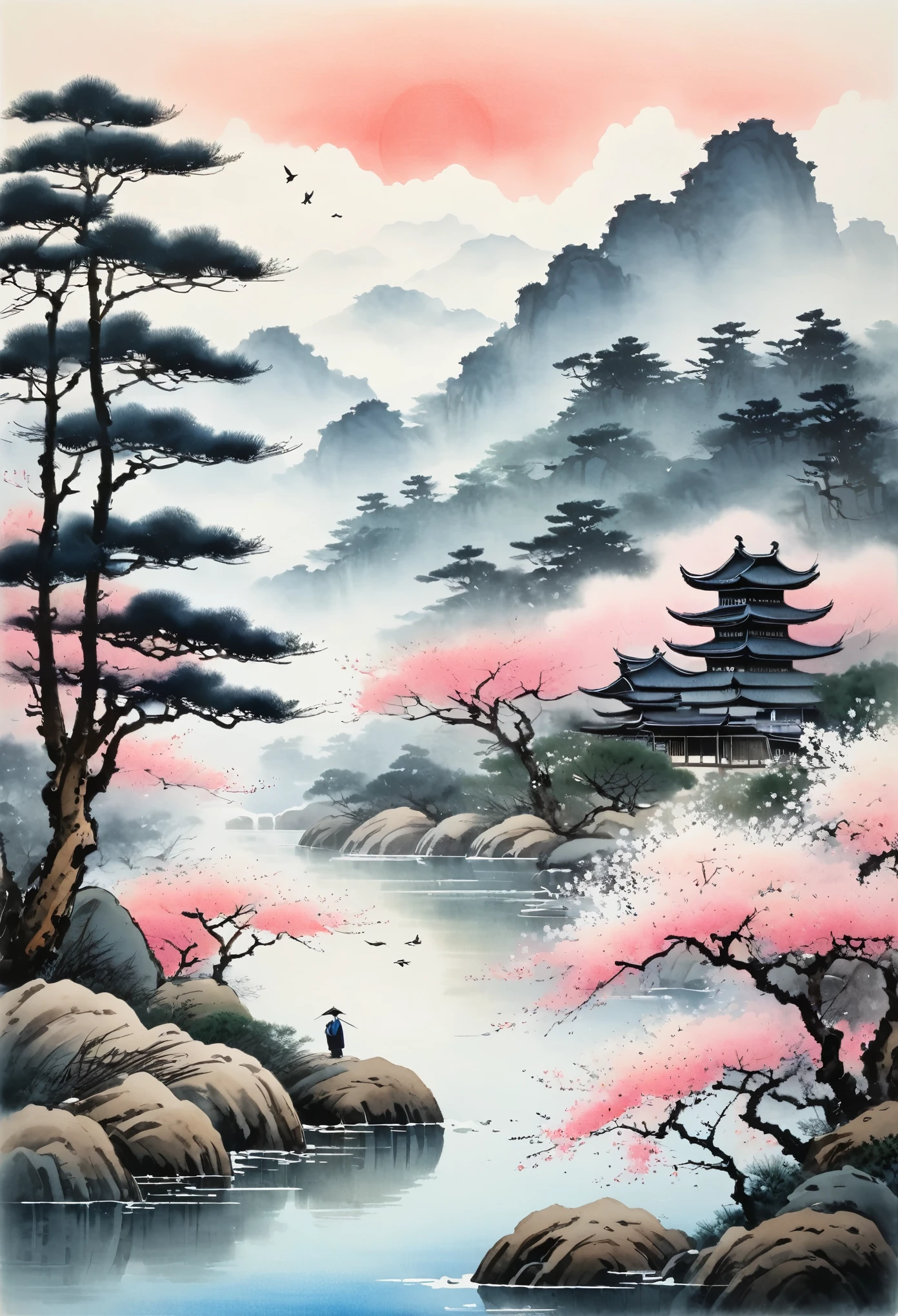 川とピンクの花が咲いた木のあるLandscape painting, in a Serene landscape, Serene landscape, inspired by Koson Ohara, Quiet landscape, Landscape painting, inspired by Ohara Koson, Japanese painting, chinese style painting, Inspired by Ryohei Koiso, Japanese Landscape, Chinese watercolor style, Detailed Landscape — Width 672
