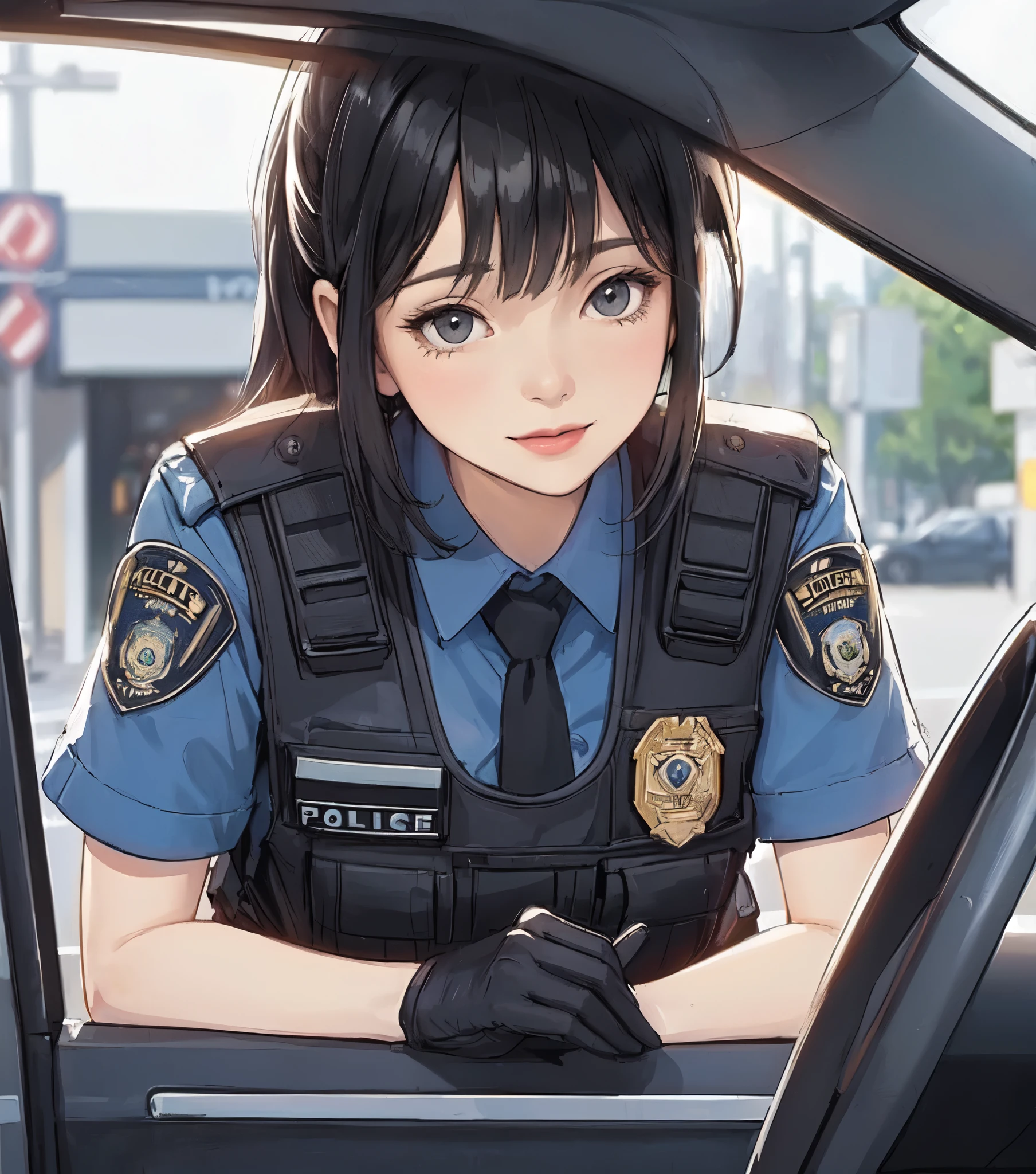 1lady solo, (standing outside window) (peering into viewers), (female police) (traffic officer), mature female, /(beige blond hair/) bangs, cool expression, sharp eyes, (masterpiece best quality:1.2) delicate illustration ultra-detailed, large breasts, communication device BREAK (ordinary public road) outdoors, (perspective from inside car), car window, noon, car, detailed background