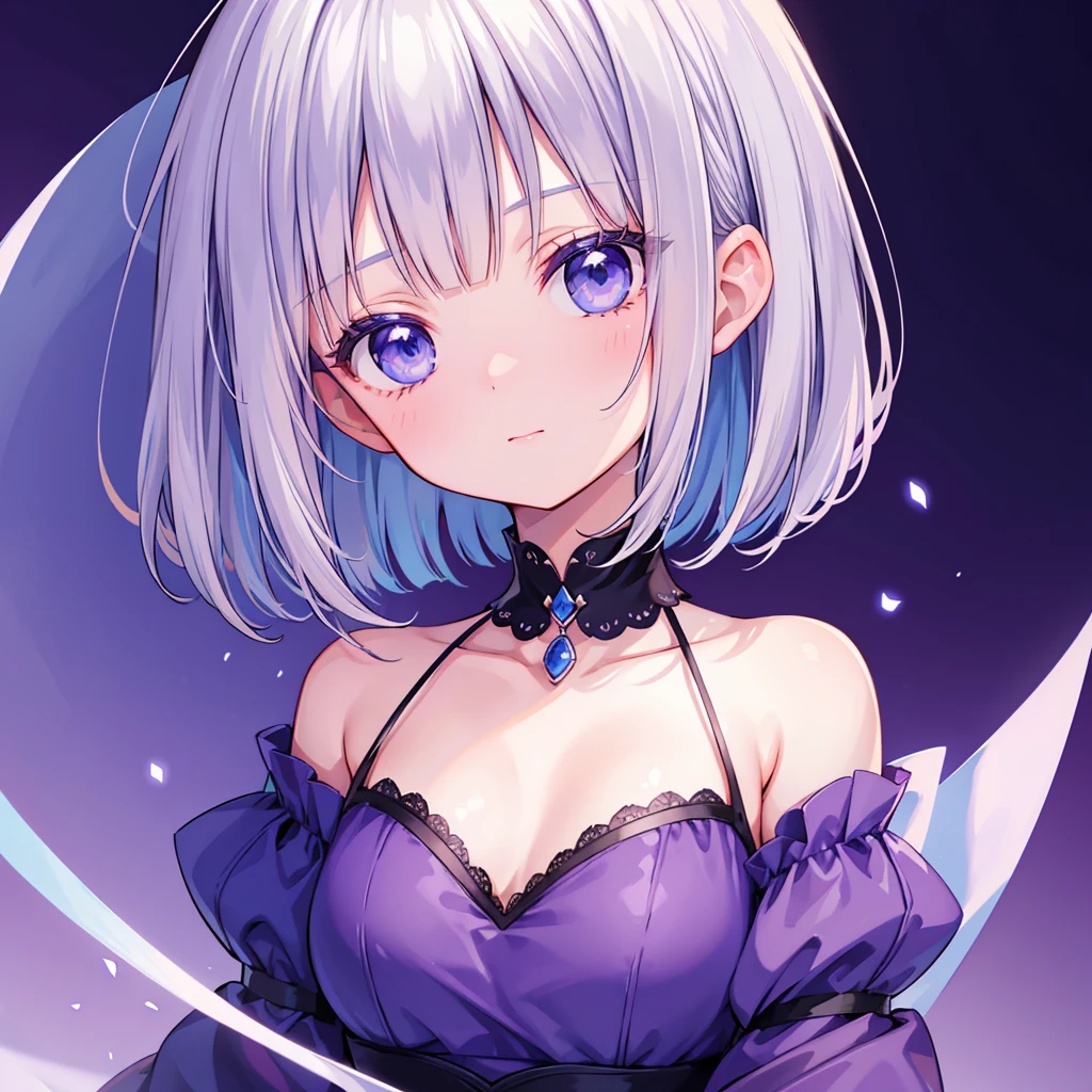 1cute girl, deep blue eyes, silver hair, shoulder-length bob cut, purple witch dress, soft smile, ((facing left)), looking at viewer, purple background, upper body, close up, face focus