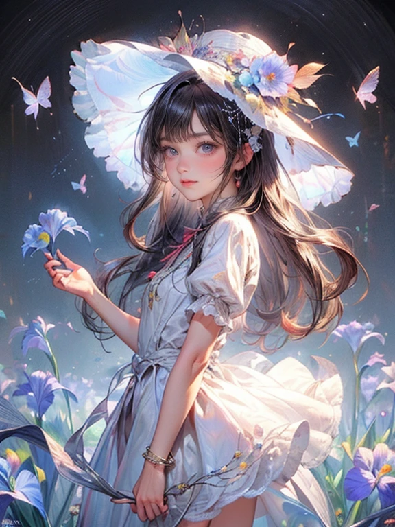 masterpiece:1.2,highest quality, 16k, ultra-realistic:1.37, beautiful detailed, cute girl, standing stylish sun shade formal hat with ribbon and vibrant colors irises ornaments, through bangs, long eyelash, sparkling eyes, shining lips, gently smile, beautiful delicate(hat, ornament, hair, face, eyelash, eyes, pupils, lips, hands, white dress, anklet), garden(flowers, irises, butterfly, pond)