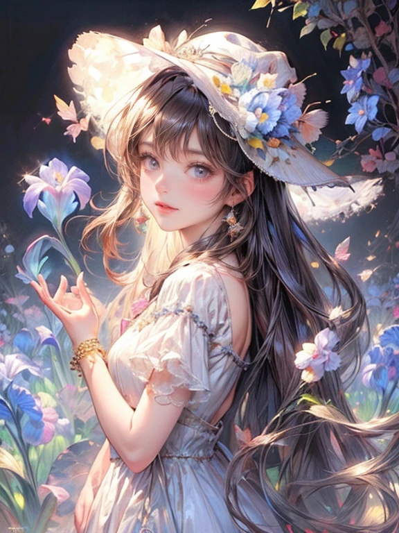 masterpiece:1.2,highest quality, 16k, ultra-realistic:1.37, beautiful detailed, cute girl, standing stylish sun shade formal hat with ribbon and vibrant colors irises ornaments, through bangs, long eyelash, sparkling eyes, shining lips, gently smile, beautiful delicate(hat, ornament, hair, face, eyelash, eyes, pupils, lips, hands, white dress, anklet), garden(flowers, irises, butterfly, pond)