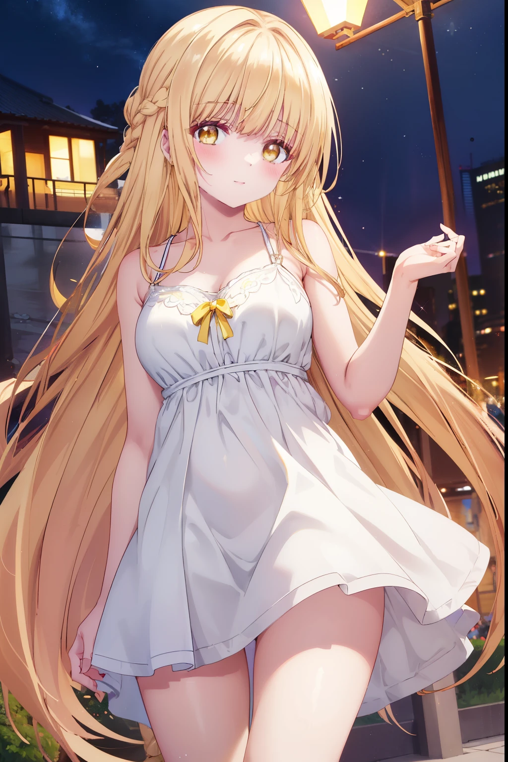 Mahiru shiina, , blonde, (Yellow Eyes:1.3)、Braided long hair,,blush,smile,night、Captivating thighs、Beautiful bare legs, Sidehowing armpits、Shoulder Bare、The clavicle is visible、Armpit Show、Sideboobが見える、Shoulder Bare、Sexy yellow lingerie、
(masterpiece:1.2), highest quality, High resolution, unity 8k wallpaper, (shape:0.8), (Beautiful and beautiful eyes:1.6), Highly detailed face, Perfect lighting, Highly detailed CG, (Perfect hands, Perfect Anatomy),