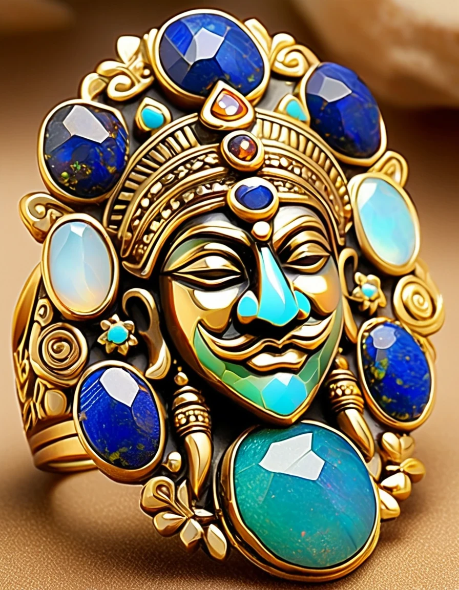 Indian abstract cartoon rain god image ring design，The main stone is an irregular blue gradient opal，Indian elements，The matching stones are small amounts of lapis lazuli and turquoise，Clams，bead，gem