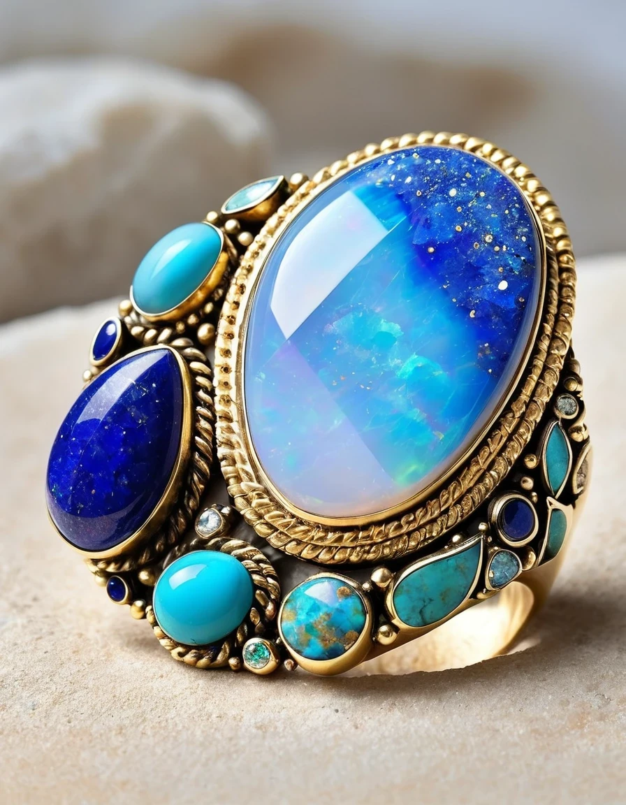 Indian abstract image ring design，The main stone is a huge irregular blue gradient opal，Indian elements，The matching stones are small amounts of lapis lazuli and turquoise，Clams，bead，gem