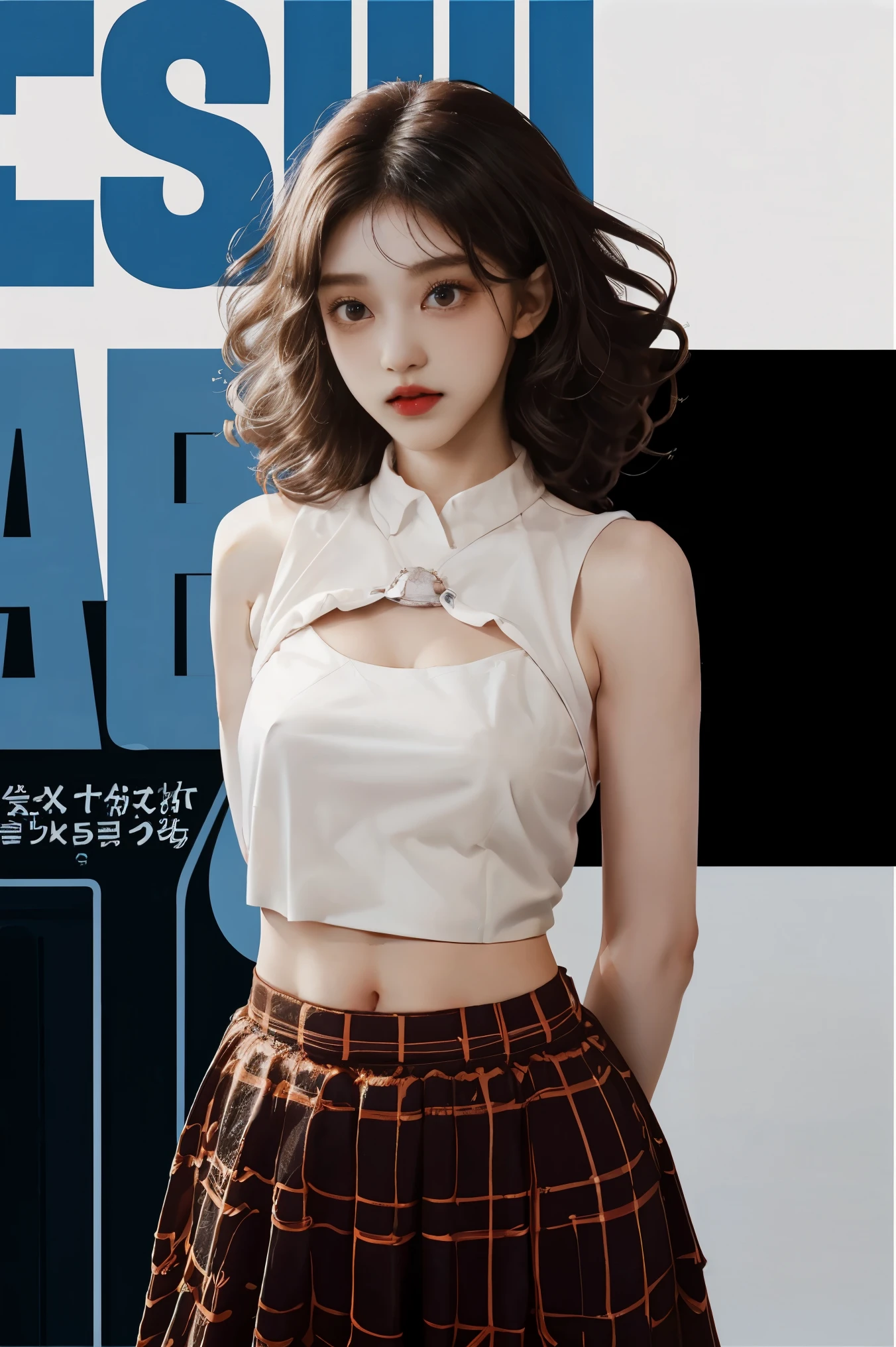 white t-shirt, Black Tulle_skirt, belly button visible, 1 Korean beauty,  (Perm Hair Curly:1.2), (from above), (on_stomach:1.5) , (arms_behind_back:1.5), looking at the camera,