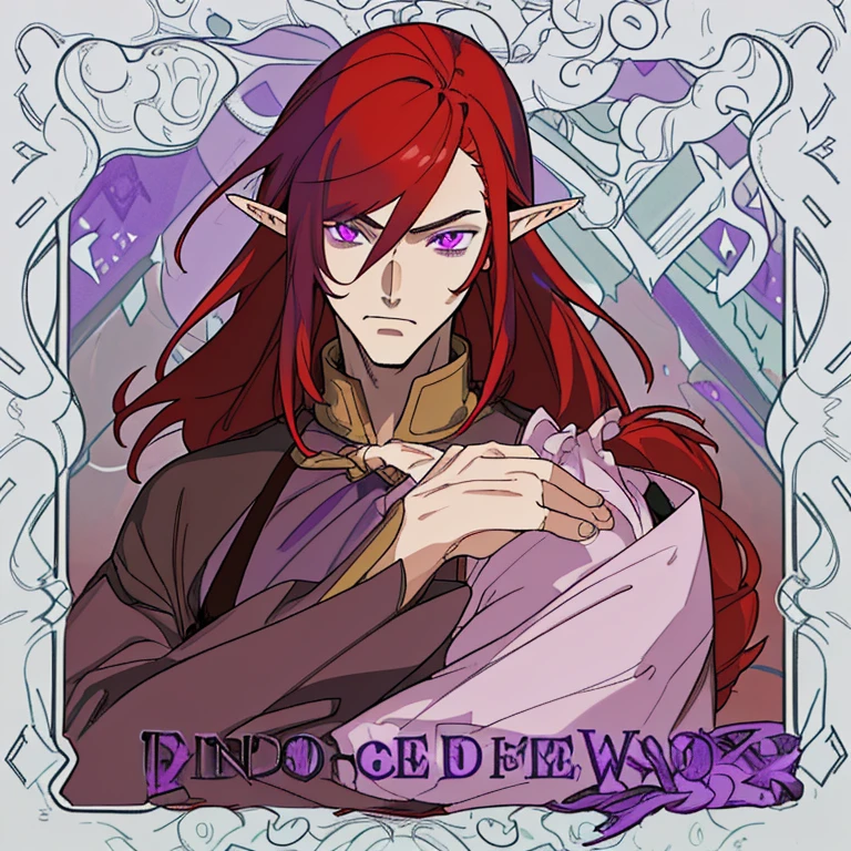 half elf man with purple eyes and long red hair,a man with pretty face but still had a masculine side