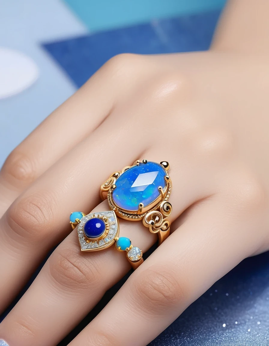 Indian minimalist abstract cartoon rain god image ring design,The main stone is an irregular blue gradient opal,Indian elements,The matching stones are small amounts of lapis lazuli and turquoise,Clams,bead,gem
