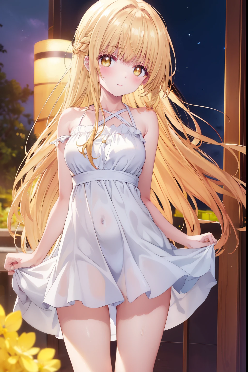 Mahiru shiina, , blonde, (Yellow Eyes:1.3)、Braided long hair,,blush,smile,night、Hotel、Captivating thighs、Beautiful bare legs, Sidehowing armpits、Shoulder Bare、The clavicle is visible、Armpit Show、Sideboobが見える、Shoulder Bare、Sexy yellow lingerie、
（masterpiece:1.2), highest quality, High resolution, unity 8k wallpaper, (shape:0.8), (Beautiful and beautiful eyes:1.6), Highly detailed face, Perfect lighting, Highly detailed CG, (Perfect hands, Perfect Anatomy),