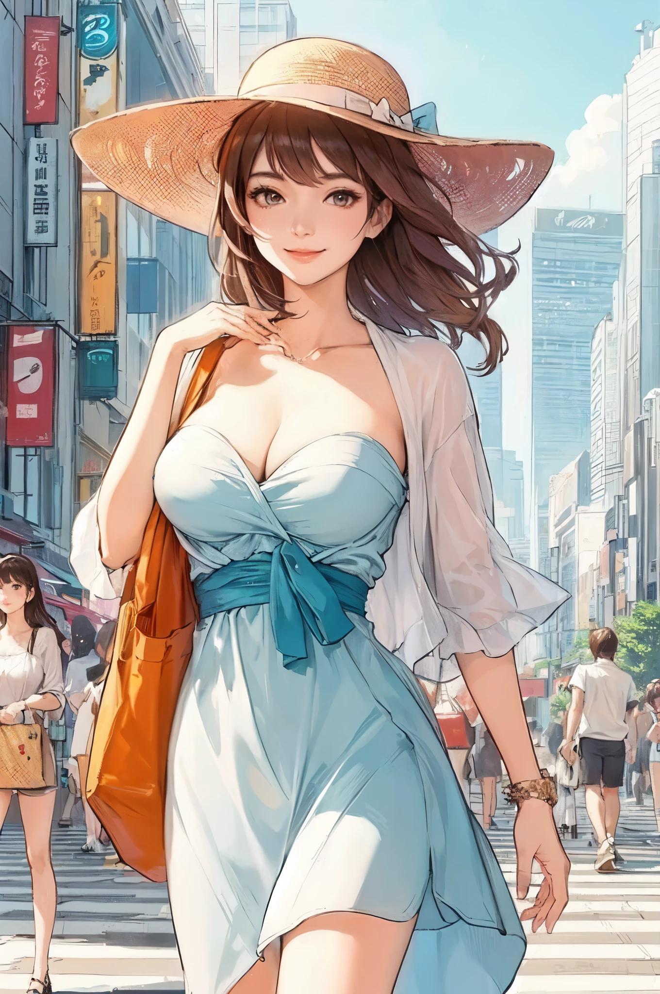 1lady solo, (strolling through city), (stylish outfit) (refreshing attire), mature female, /(light brown hair/) bangs, kind smile, (masterpiece best quality:1.2) delicate illustration ultra-detailed, large breasts BREAK (holding designer's bag) BREAK (populous downtown) outdoors, noon, crowded, detailed background