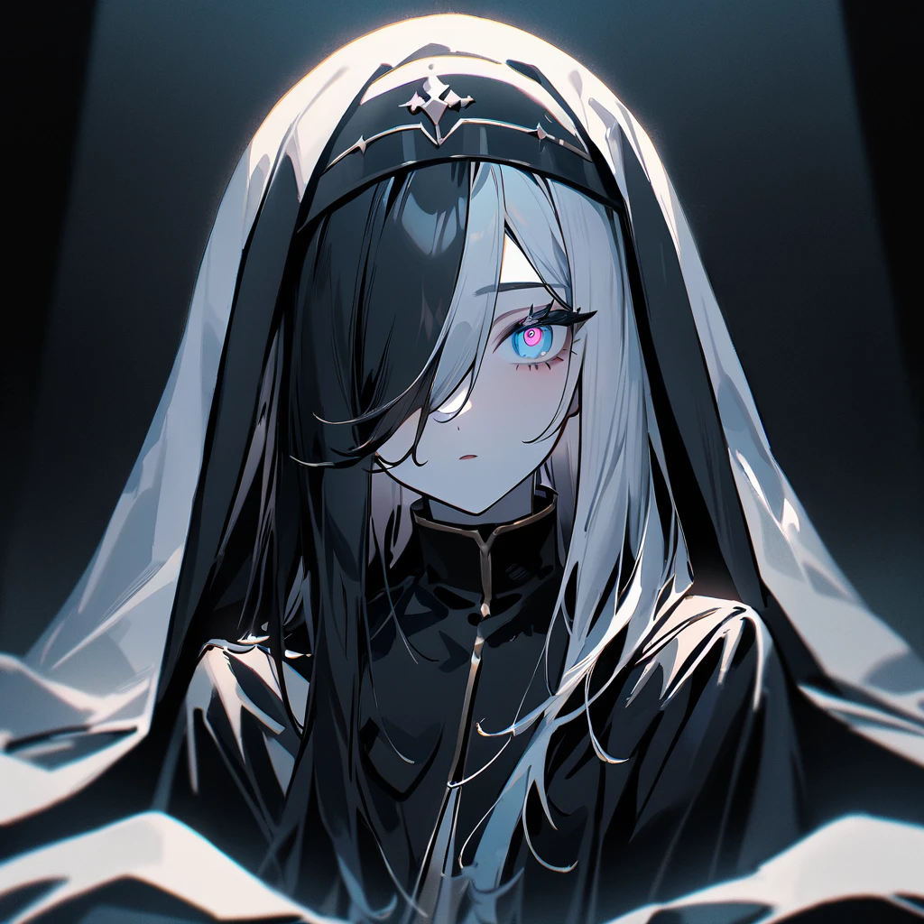 Two Girls,duo,Portraiture,pale colour,masterpiece,highest quality,so beautiful,Absurd,Alternative color,chromatic aberration,Inner hair color, High Contrast, Marble Eyes,human,habit,body,encouragement, Dark,Hair on one eye, Hair between the eyes,Kneel,Darkness and light