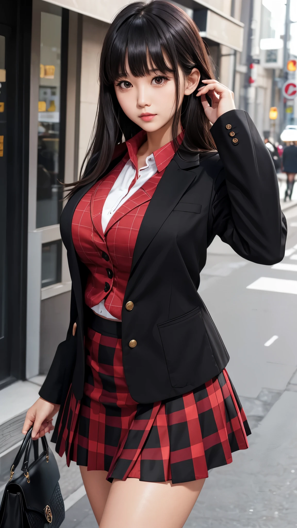 Detailed face、highlight、girl、thigh、breast enhancement、black髪、Heavy bangs、(blazer、red、black、)(Checked skirt、)