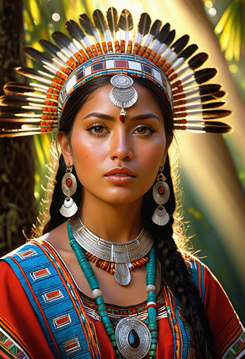 Shaman, Brazilian, woman, ultra realistic, with details of the culture of the indigenous, clothes and object with the same theme, shape of jaguar spirit translucent in the background, UHD, super defined details --auto --s2