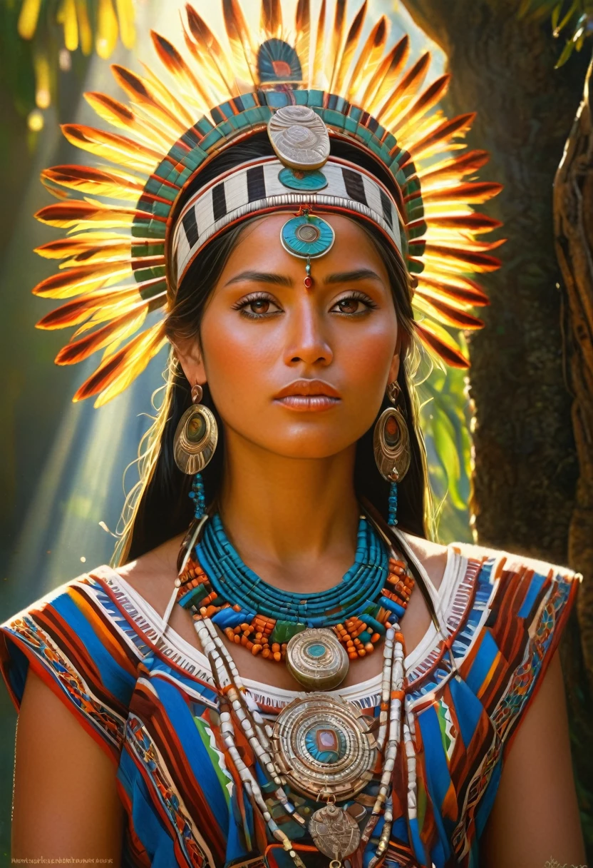 ancient aztec, lifelike, authentic, realistic, beautiful woman, accurate depiction, portraits, oil painting, detailed eyes and lips, traditional attire, ornate jewelry, intricate patterns, vibrant colors, sunlight streaming through the trees, mystical atmosphere. (best quality, highres, ultra-detailed), (portraits:1.1), (realistic:1.37), vivid colors, warm color tones, soft and natural lighting.