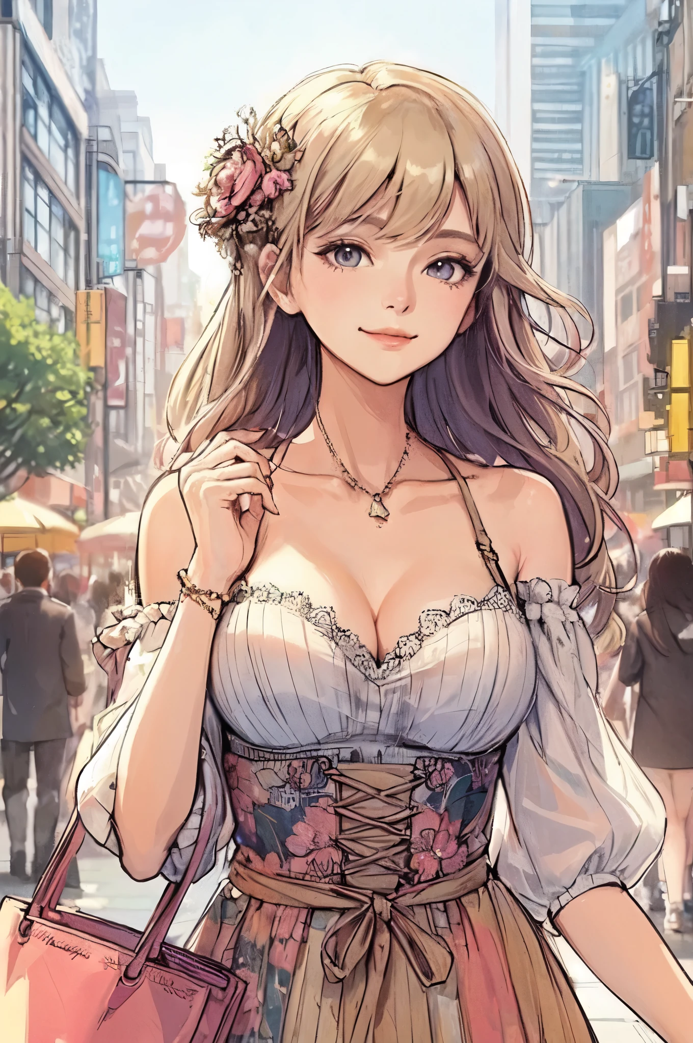 1lady solo, (strolling through city), (stylish outfit) (avant-garde attire), mature female, /(beige hair/) bangs, kind smile, (masterpiece best quality:1.2) delicate illustration ultra-detailed, large breasts BREAK (holding designer's bag) BREAK (populous downtown) outdoors, noon, crowded, detailed background