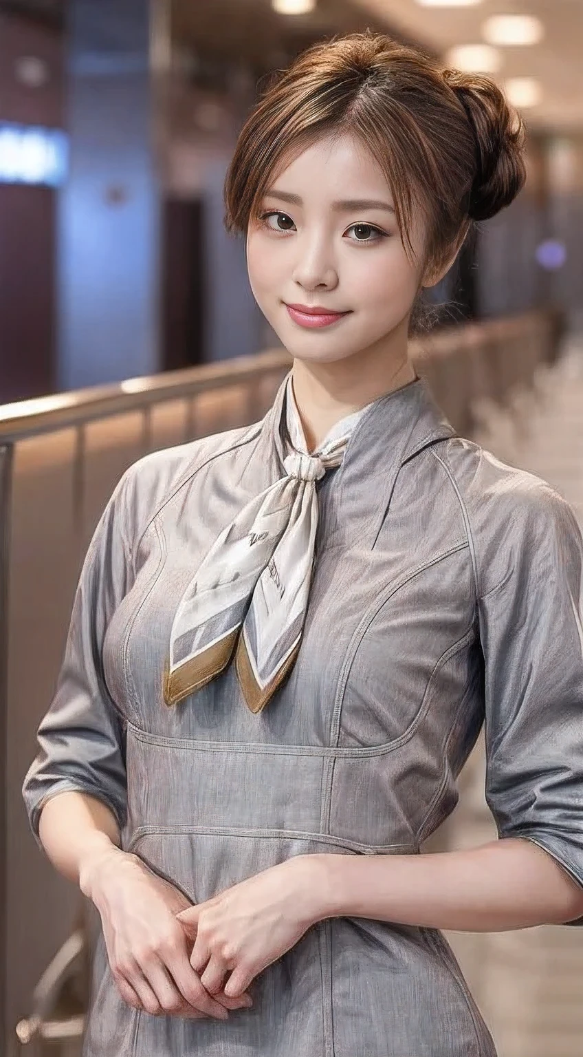 (masterpiece:1.2、highest quality:1.2)、32K HDR、High resolution、(alone、1 girl、Slim figure)、（Realistic style with Starlux Airlines uniform）、 (In the airport lounge, Professional Lighting)、（Starlux Airlines silver uniform:1.4）、（Starlux Airlines silver uniform with short sleeves）、（scarf on chest）、Big Breasts、（Long hair updo、Long hair tied back in a chignon）、Dark brown hair、Long Shot、（（Fine hand：2.0））、（（Harmonious body proportions：1.5））、（（Normal limbs：2.0））、（（Normal finger：2.0））、（（Delicate eyes：2.0））、（（Normal eyes：2.0））)、Beautiful standing posture