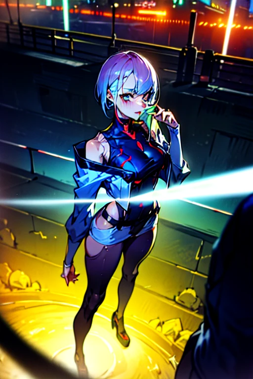 in full height, Beautiful figure, Lucy from the anime series Cyberpunk Edge Runner, a 1girl, facing the viewer, Beautiful figure (Proper Anatopy 1.1.), in full height (Body Full 1.1), Anime style, white colored hair, white colored hair, that disappear at the ends, Bob hairstyle, short white jacket, tight black suit, Cutouts on the shoulders, Cutouts on the chest, Neckline at the waist, Very detailed face, Very beautiful face, Very sexy ass, in full height (Body Full 1.1), Tall android girl, small elastic breasts, Little ass, Glitter Head Mask, Hair is gathered in a braid, Beautiful slim figure, small buttocks, A braid around the head, Round braid, Red Star in the Forehead, Short Brown Jacket, black tight suit, darkly，gris & Dark Style：1.1), Light, femininity，tmasterpiece，beste-Qualit，higly detailed，Visible to the feet， 8K resolution， High Sharp， 8K resolution， higly detailed， 8K UHD， Professional lighting， Photon mapping，physical based rendering， a perfect face， detailed face and body， ray traced， expressive look， Cinmatic Lighting，elastic small breasts, Heightened sexuality，