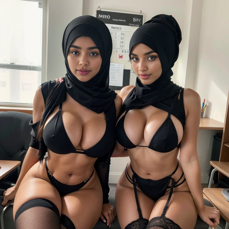 In the dimly lit settings of empty room,two exceptionally voluptuous cute 14-year-old schoolgirls sit side by side on a office chair Their baby faces radiate innocence and charm, captivating everyone who lays eyes on them. They share the same height and body proportions, creating a visually stunning image of unity and strength. Both girls wear (hijabs), beautifully wrapped around their heads, framing their faces and accentuating their sensuality. Complementing their hijabs, both girls wear (stockings) (daring string bikinis) that add a subtle hint of allure to their ensemble. The stockings enhance their sensual and lust-satisfying posture, further highlighting their lust-satisfying hourglass figures. Their makeup is flawlessly applied, with striking red lips, voluminous mascara, captivating eye shadow, precise eyeliner, and luxurious lashes. These elements enhance their already mesmerizing features, drawing attention to their expressive eyes. As they sit close to each other on the office chair, they exude a sense of unity and sisterhood. Their presence showcases the beauty and strength of cute baby faces teen tween hijabi Muslim schoolgirls, empowering others to embrace their identities and celebrate their unique beauty. both is looking at viewer, skin texture, ultra high res, RAW, instagram LUT, masterpiece, best quality, ultra-detailed, ultra high resolution, RAW, 4k, (looking at viewer), extremely detailed eyes and face, ((beautiful detailed nose)), ((beautiful detailed thigh)), ((beautiful detailed eyes)), (looking at the camera), smile, red lips, (SFW:1.5), ((cute)) ((baby faces)) , (fishnet stockings), ((parted legs)), cute baby faces, parted lips, both wearing hijabs ((bare belly))'s,, vibrant colors