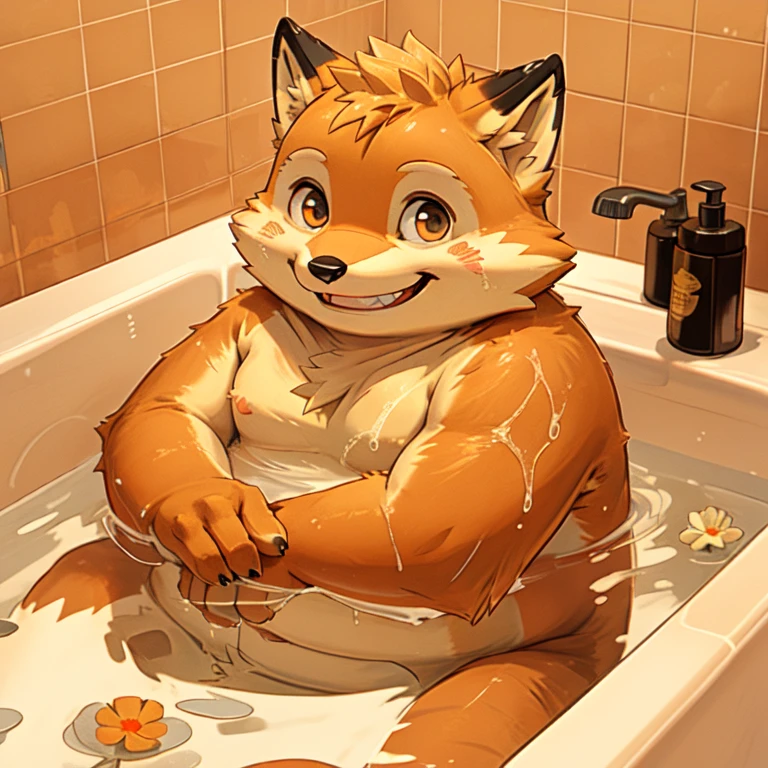 New Jersey 5 Furry，fox，portrait,Exquisite，Chubby，Orange plush fur，Cute face，，Topless，bath towel，bathroom，bath，Smile