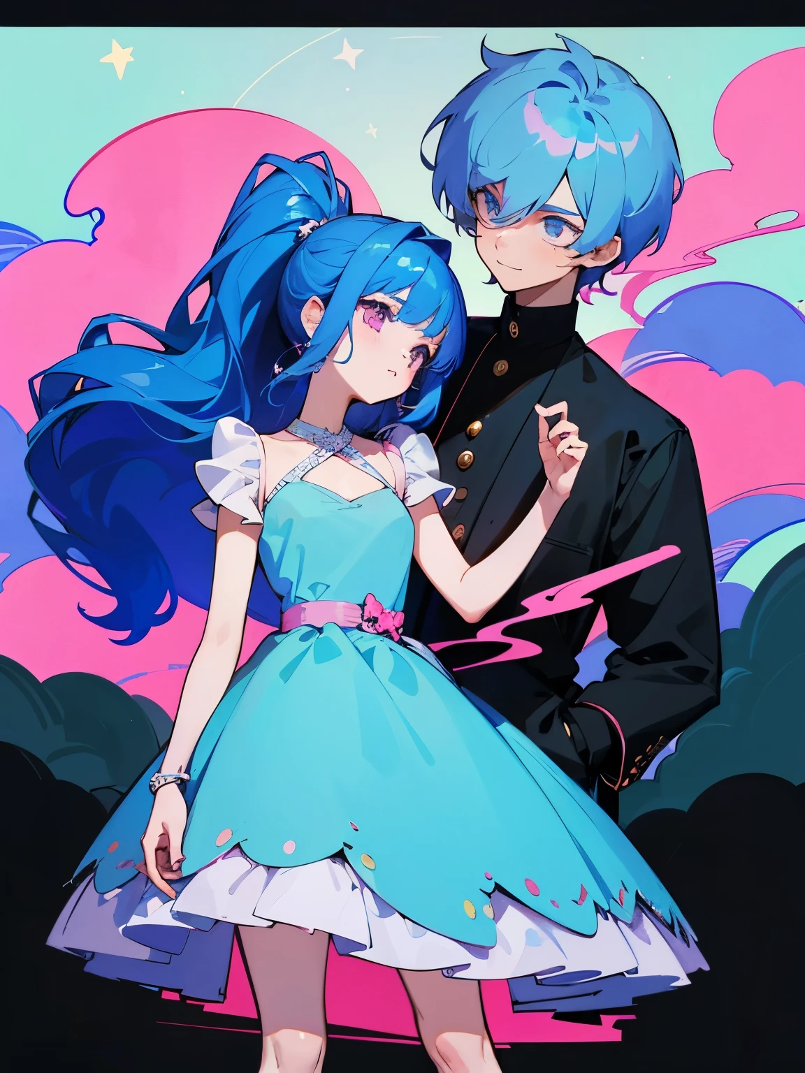 cartoon of a boy and a girl standing close together, ddlc, in the art style of 8 0 s anime, 9 0 s anime style, 90s anime style, in anime style, in an anime style, anime aesthetic, anime vibes, 9 0 s anime aesthetic, 9 0 s anime art style, lofi boy and girl, beautiful background outside, background at night with stars and a moon, fairy lights, beautiful background in a floral garden with fairy lights at night, a cute boy and a cute girl, beautiful faces, a boy and a girl, don't extra hands, NO extra hands, generate a boy and a girl with NO extra hands, NO extra arm, the boy has a short hairstyle and the girl has a long hairstyle, the boy has blue hair, the girl has pink hair, pretty faces, cute pretty boy in a smoking dress, cute pretty girl in a beautiful dress, with amazing smile, boy has a pretty smile, girl has a cute smile 