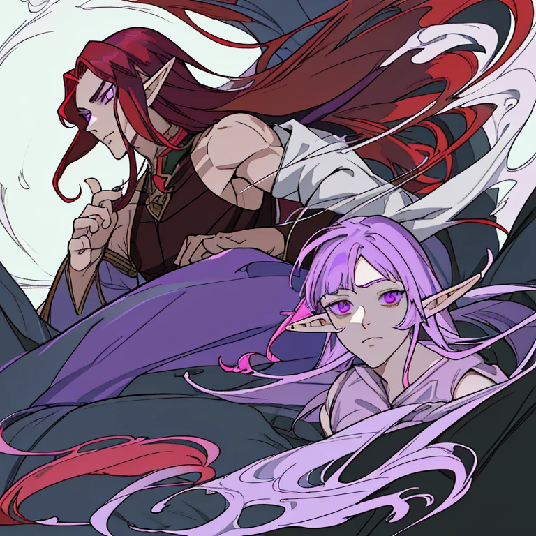half elf man with purple eyes and long red hair,a man with pretty face but still had a masculine side