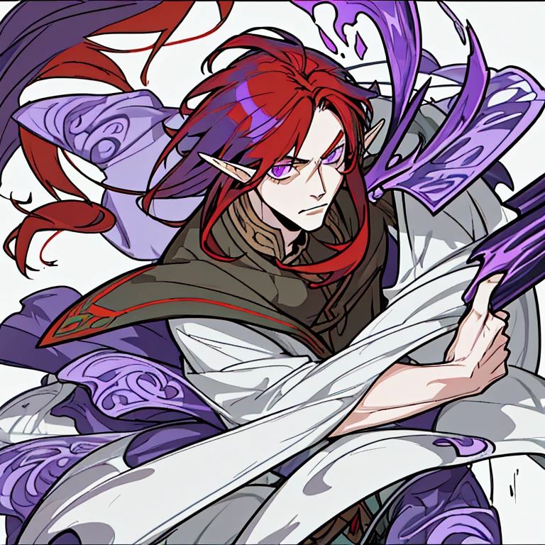 half elf man with purple eyes and long red hair,a man with pretty face but still had a masculine side
