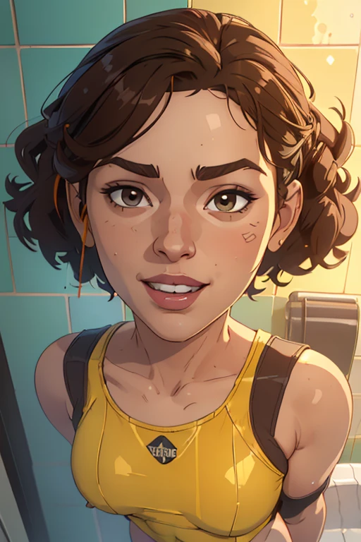 Solo, jewish girl, cascina caradonna, 1girl, (very curly open wild dark brown hair), wide seductive lips, smirking, skin, larger nose, high detailed face, 4k , camletoe, (small breasts, straight waist,wide hip, slightly chubby body,inflated legs,thick thighs,(detailed face)), 4k, look at camera, highly detailed face, ((showering in brightly lit yellow tiled bathroom)), ((one-piece swimsuit)), ((((((head portrait)), perspective from top)))), ((extremly exaggerated laugh))