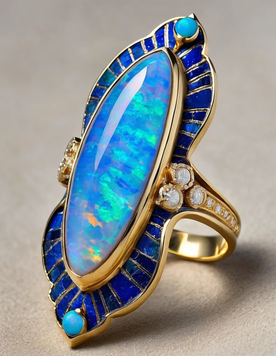 A blue iron opal ring, gold, wavy, smooth lines, end set with diamonds and turquoise, lapis lazuli, Indian elements, frosted texture, textured style, situated on a plaster post, romantic, side accents, stylized rendering