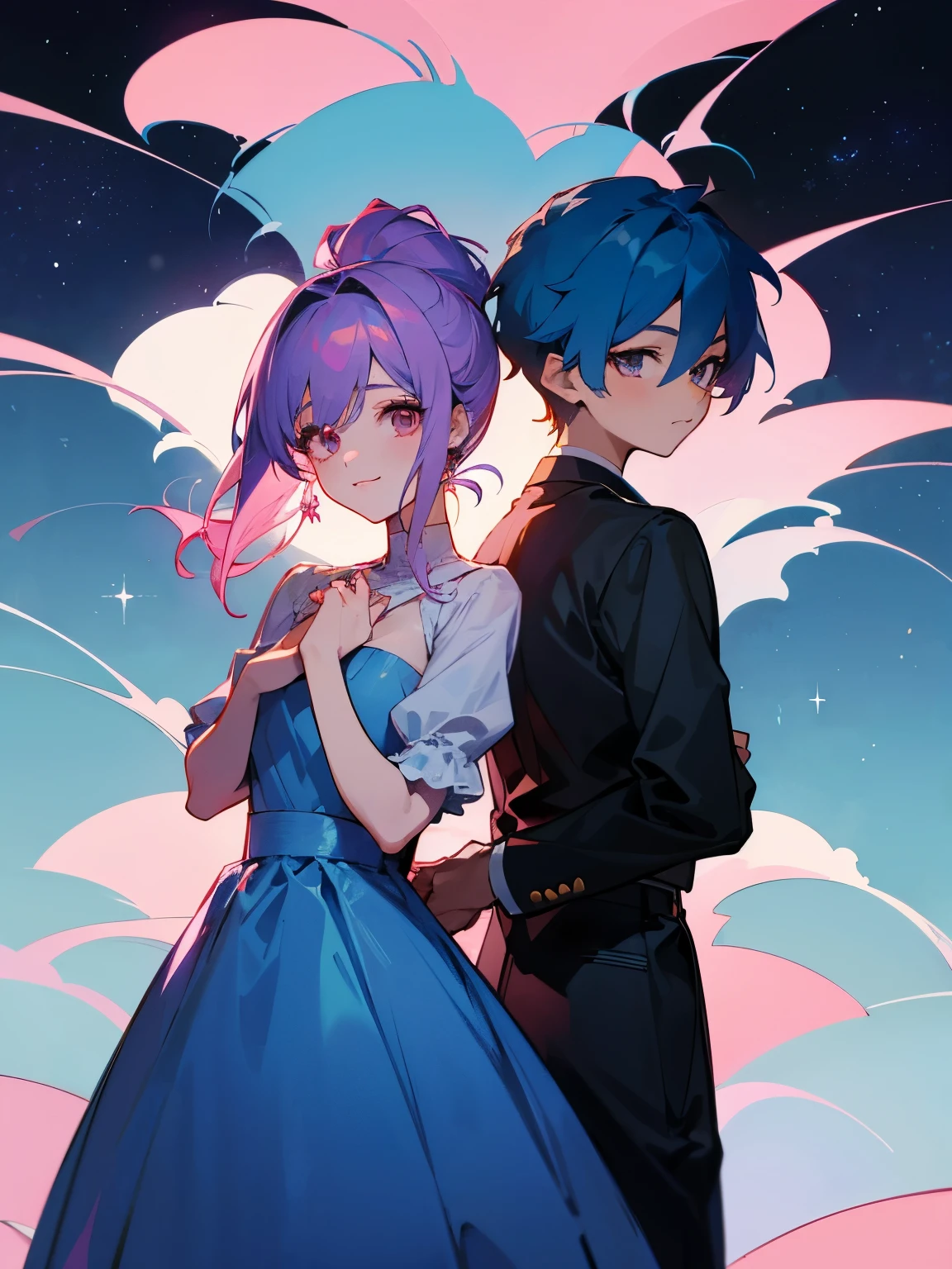 cartoon of a boy and a girl standing close together, ddlc, in the art style of 8 0 s anime, 9 0 s anime style, 90s anime style, in anime style, in an anime style, anime aesthetic, anime vibes, 9 0 s anime aesthetic, 9 0 s anime art style, lofi boy and girl, beautiful background outside, background at night with stars and a moon, fairy lights, beautiful background in a floral garden with fairy lights at night, a cute boy and a cute girl, beautiful faces, a boy and a girl, don't extra hands, NO extra hands, generate a boy and a girl with NO extra hands, NO extra arm, the boy has a short hairstyle and the girl has a long hairstyle, the boy has blue hair, the girl has pink hair, pretty faces, cute pretty boy in a smoking dress, cute pretty girl in a beautiful dress, with amazing smile, boy has a pretty smile, girl has a cute smile 