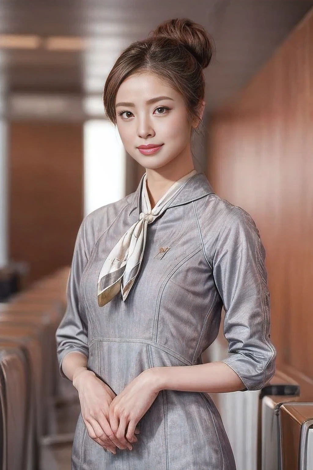 (masterpiece:1.2、highest quality:1.2)、32K HDR、High resolution、(alone、1 girl、Slim figure)、（Realistic style with Starlux Airlines uniform）、 (In the airport lounge, Professional Lighting)、（Starlux Airlines silver uniform:1.4）、（Starlux Airlines silver uniform with short sleeves）、（scarf on chest）、Big Breasts、（Long hair updo、Long hair tied back in a chignon）、Dark brown hair、Long Shot、（（Fine hand：2.0））、（（Harmonious body proportions：1.5））、（（Normal limbs：2.0））、（（Normal finger：2.0））、（（Delicate eyes：2.0））、（（Normal eyes：2.0））)、Beautiful standing posture