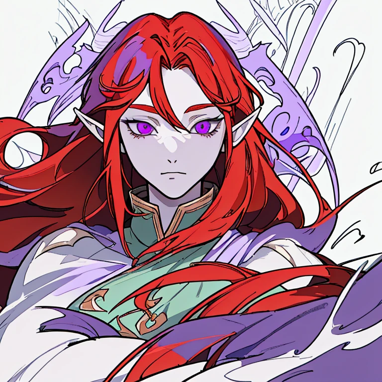 Half elf, a man. With long red hair,purple eyes and pretty face